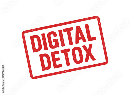 Red rubber stamp text DIGITAL DETOX rectangular outline bold capital letters distressed texture rotation isolated on white background vector illustration clean minimal style