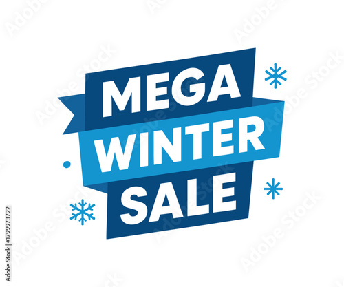 Flat vector banner design text Mega Winter Sale bold geometric font blue and white palette ribbon folded shape