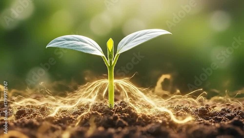 Young Plant Seedling with Glowing Golden Energy Roots in Fertile Soil