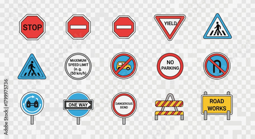 A set of vital road signs for safety and navigation, ideal for driver's education, urban planning, and promoting road safety awareness with clear and concise symbols.