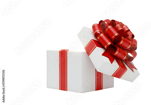 A partially opened white gift box with red stripes and a large red ribbon bow, isolated on white or transparent background. PNG