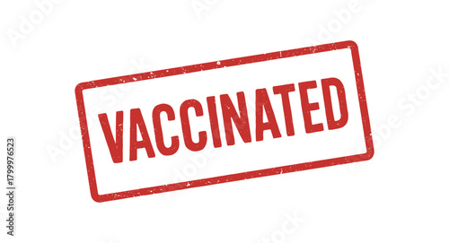 Red rubber stamp text VACCINATED rectangular outline bold capital letters distressed texture rotation isolated on white background vector illustration clean minimal style