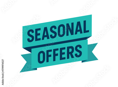Flat vector banner design text Seasonal Offers bold geometric font turquoise and navy palette ribbon folded shape