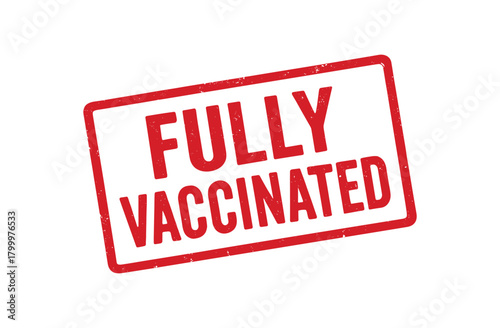 Red rubber stamp text FULLY VACCINATED rectangular outline bold capital letters distressed texture rotation isolated on white background vector illustration clean minimal style