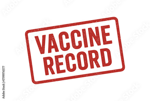Red rubber stamp text VACCINE RECORD rectangular outline bold capital letters distressed texture rotation isolated on white background vector illustration clean minimal style
