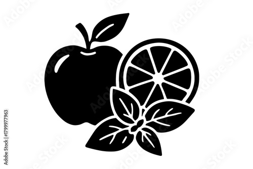 fruit and herb combo flat black solid vector illustration isolated on white background