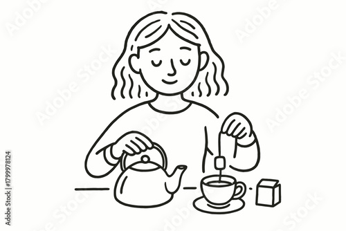 handdrawn cute doodle style woman preparing morning tea mindfully vector line illustration