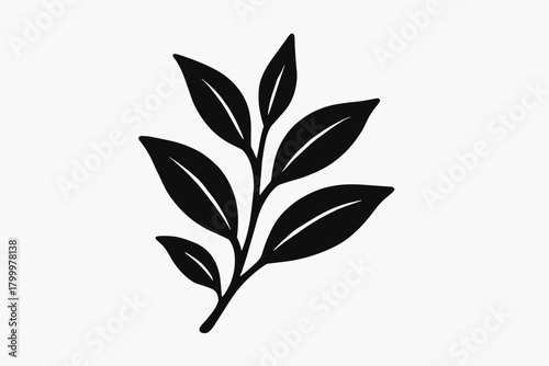 tea leaves branch flat black solid vector illustration isolated on white background
