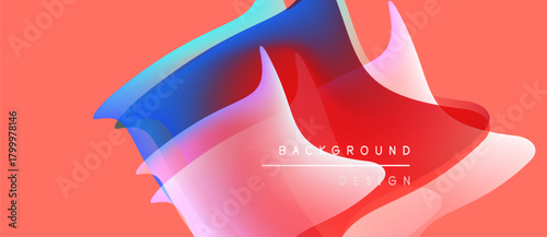 Abstract fluid shapes overlap, creating vibrant color gradients. Background features text background design in white. Coral tone dominates canvas.