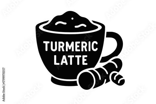 turmeric latte cup flat black solid vector illustration isolated on white background