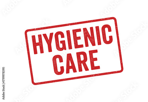 Red rubber stamp text HYGIENIC CARE rectangular outline bold capital letters distressed texture rotation isolated on white background vector illustration clean minimal style
