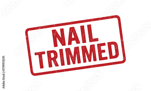 Red rubber stamp text NAIL TRIMMED rectangular outline bold capital letters distressed texture rotation isolated on white background vector illustration clean minimal style
