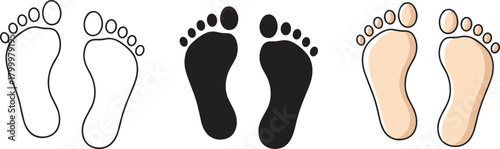 Footprint style comparison illustration with outline, solid black, and skin-tone fill, vector for educational or design use