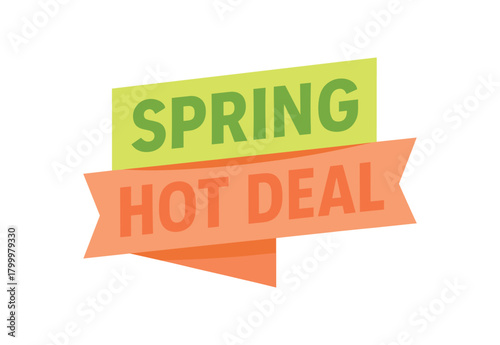 Flat vector banner design text Spring Hot Deal bold geometric font lime and peach palette ribbon folded shape