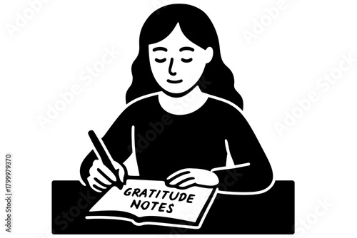 woman journaling gratitude notes flat black solid vector illustration isolated on white background