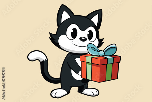 Cartoon black and white cat cheerfully holds a wrapped present with a ribbon bow