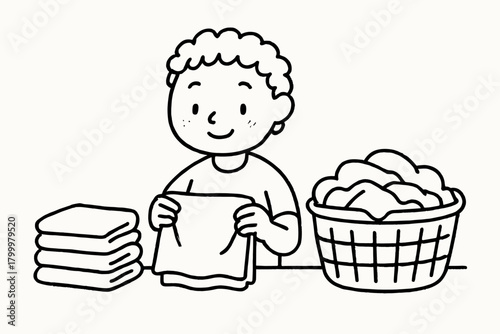 handdrawn cute doodle style person folding clean laundry vector line illustration