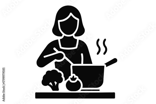 woman cooking simple healthy meal flat black solid vector illustration isolated on white background