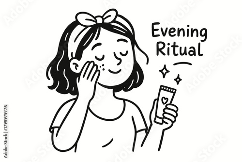 handdrawn cute doodle style woman doing skincare evening ritual vector line illustration