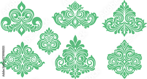 Green ornamental motif vector illustration with swirling floral elements, symmetrical decorative set for graphic design, textile, or architectural embellishment use
