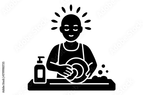 person washing dishes mindfully flat black solid vector illustration isolated on white background