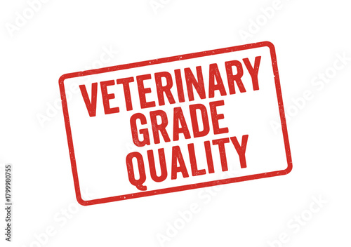 Red rubber stamp text VETERINARY GRADE QUALITY rectangular outline bold capital letters distressed texture rotation isolated on white background vector illustration clean minimal style