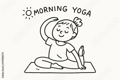 handdrawn cute doodle style person doing gentle morning yoga vector line illustration