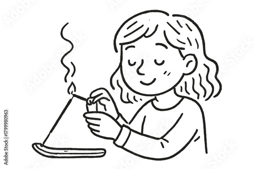 handdrawn cute doodle style woman lighting incense stick vector line illustration