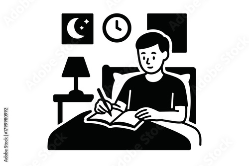 Man writing in notebook at night silhouette icon. Study, homework, journal, bedtime routine symbol. Black flat vector illustration.