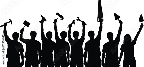 Construction teamwork concept illustration, group of workers raising tools together, unity in labor, building industry, teamwork cooperation, and professional craftsmanship