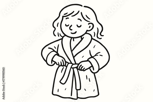 handdrawn cute doodle style woman putting on cozy robe vector line illustration