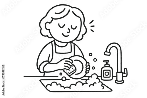 handdrawn cute doodle style person washing dishes mindfully vector line illustration