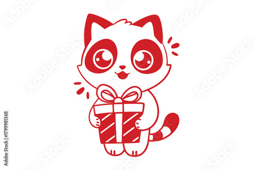 Festive red cartoon raccoon with big eyes is holding a wrapped present happily
