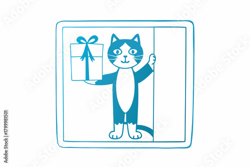 Blue cat delivers a present inside a blue frame with a white background