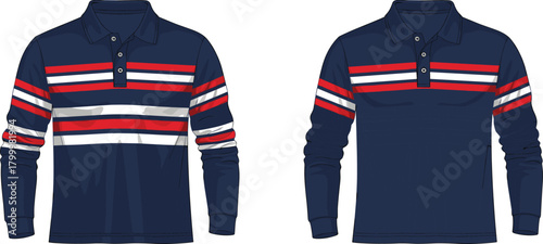 Navy blue striped polo shirts, long sleeve casual fashion, red white gray chest stripe, collar button placket, apparel vector illustration