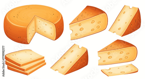 Illustration of cheese wheel, wedges, and slices on white.