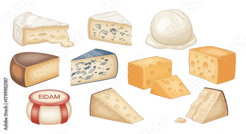Illustration of various types of cheese, including brie, blue cheese, and swiss cheese.