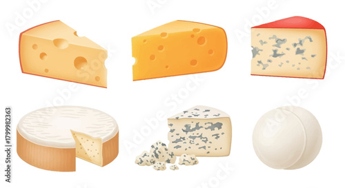 Illustration of various types of cheese, including swiss, brie, and blue cheese.