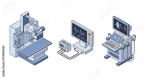Isometric medical equipment: CNC machine, heart monitor, ultrasound machine.