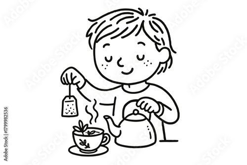 handdrawn cute doodle style person making herbal tea vector line illustration