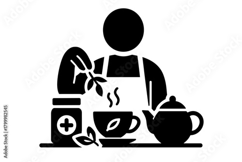 person making herbal tea flat black solid vector illustration isolated on white background