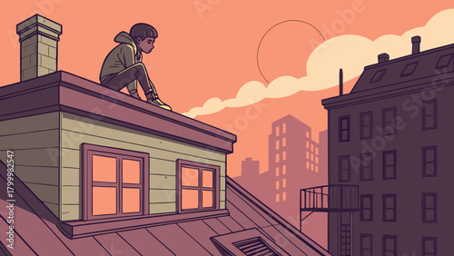3D College Boy on Rooftop at Sunset Imagining His Future Career and Friendship Journey