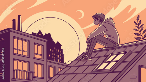 3D College Boy on Rooftop at Sunset Imagining His Future Career and Friendship Journey
