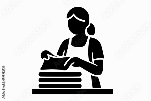 woman folding clothes after drying flat black solid vector illustration isolated on white background