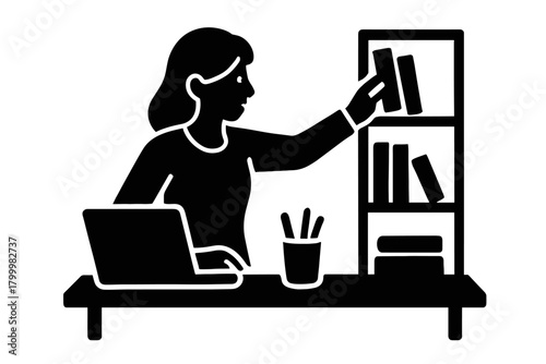 woman organizing desk space flat black solid vector illustration isolated on white background