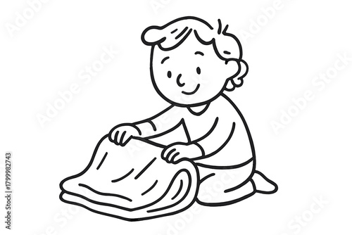 handdrawn cute doodle style person folding blanket vector line illustration