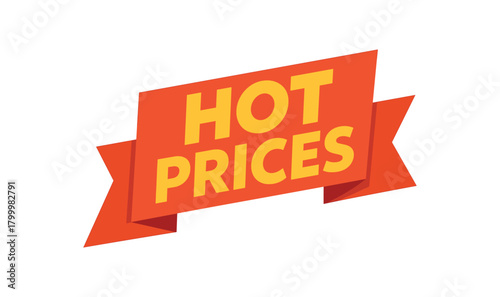 Flat vector banner design text Hot Prices bold geometric font red and palette ribbon folded shape