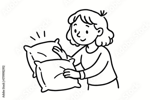 handdrawn cute doodle style woman fluffing pillows vector line illustration