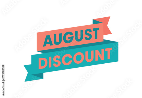 Flat vector banner design text August Discount bold geometric font coral and teal palette ribbon folded shape