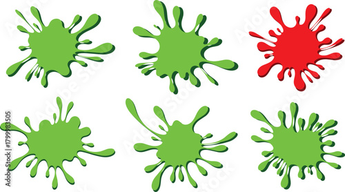 Paint splatter anomaly puzzle illustration, five green one red splatter in grid, visual differentiation vector for cognitive or IQ design